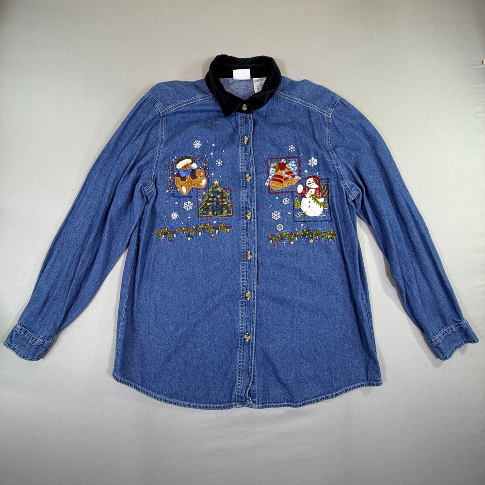 Vintage Bobbie Brooks Christmas Denim Shirt Womens Large Whimsical Holiday